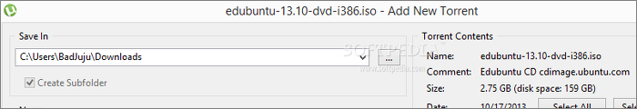 Showing the uTorrent panel when adding a new torrent